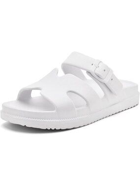 Women's White Flat Sandal with Arch Support Summer Beach Slip on Slides H-Strap